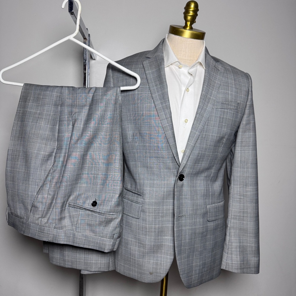 Express Suit Mens 40R 34W Grey Glen Plaid Photographer Fitted Wool Blend 2-Btn